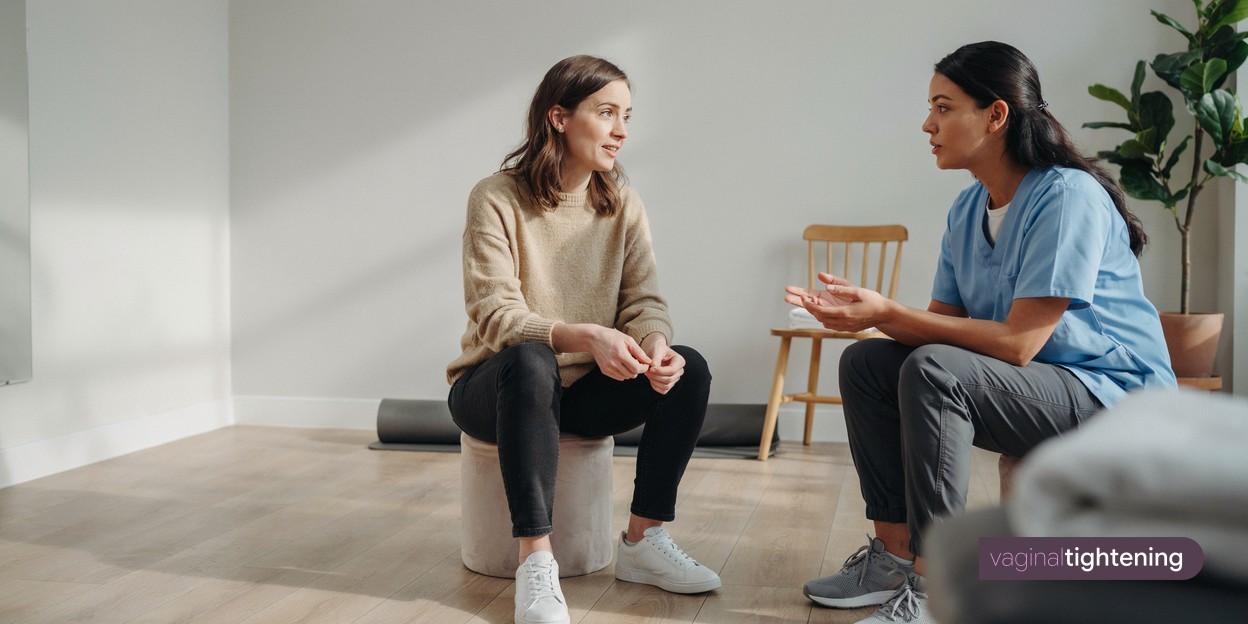 A woman speaking with a pelvic health physiotherapist