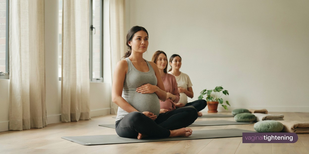 A pregnant woman taking part in an antenatal exercise class